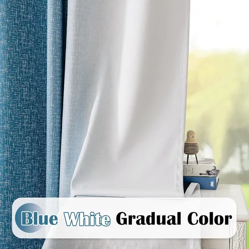 Miniatura 2 de Cortinas Ombre 100% Opacas de 63 Pulgadas de Largo 2 Paneles para Dormitorio Azul Blanco Patrón Degradado Oscurecimiento de Habitación Aislamiento