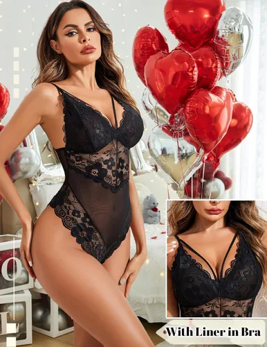 Miniatura 2 de Avidlove - Lencería de entrepierna a presión para mujer, body de encaje de una pieza, mini traje sexy.
