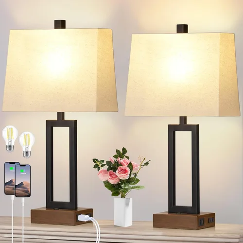 Miniatura 9 de Rinweey Juego de 2 lámparas de mesa de 23.5 pulgadas, modernas lámparas de noche negras con 2 puertos USB y salida de CA, lámparas de mesita