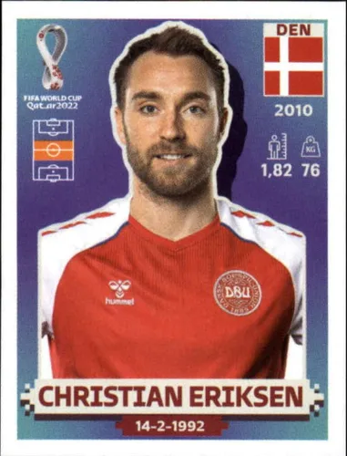 2022 Panini World Cup Soccer Sticker #DEN12 Christian Eriksen Denmark Group D Official Qatar WC Album Sticker in Raw (NM or Better) - Measuring 2