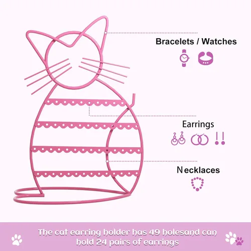 Miniatura 6 de Urban Deco Soporte Organizador de Joyas en Forma de Gato - Soporte para Aretes con 48 Agujeros para Pernos, Organizador de Tocador de Metal