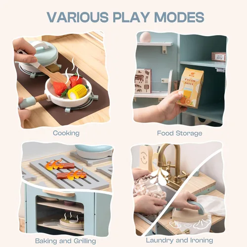 Miniatura 5 de ROBUD Juego de cocina de madera, juego de cocina de juguete para niños con diseño realista, utensilios, máquina de hielo, nevera, horno, lavadora