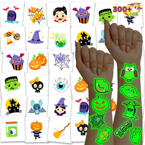 JOYIN 306 tatuajes de Halloween para niños, tatuajes temporales brillantes en varios diseños a granel para niños, regalos de dulce o truco,