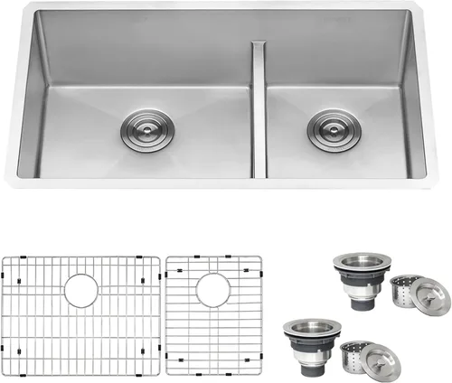 Ruvati RVH7255 fregadero de cocina bajo cubierta de bajo perfil, bajo montaje, radio estrecho, doble cuenca 60/40, 28 pulgadas, calibre 16, acero