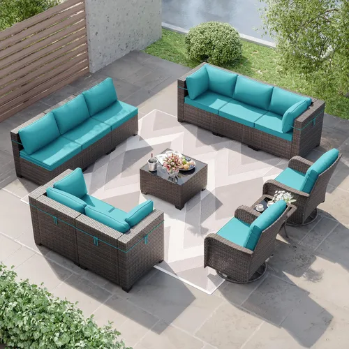 Miniatura 36 de Kurapika juego de muebles de patio 4 piezas de mimbre al aire libre, sillas de ratán, juego informal con mesa de café, juego de bistró con mecedora