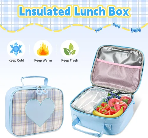 Miniatura 5 de Linda mochila para niñas, paquete de 5 mochila kawaii estética con juego de lonchera, bonita mochila escolar azul para niños y adolescentes primarias