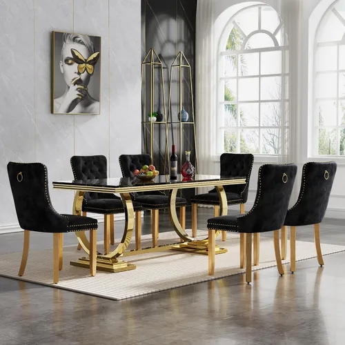 Miniatura 51 de HomVent Juego de mesa de comedor moderna de mármol sintético para 4 personas, mesa de cocina rectangular con 4 sillas beige (dorado)