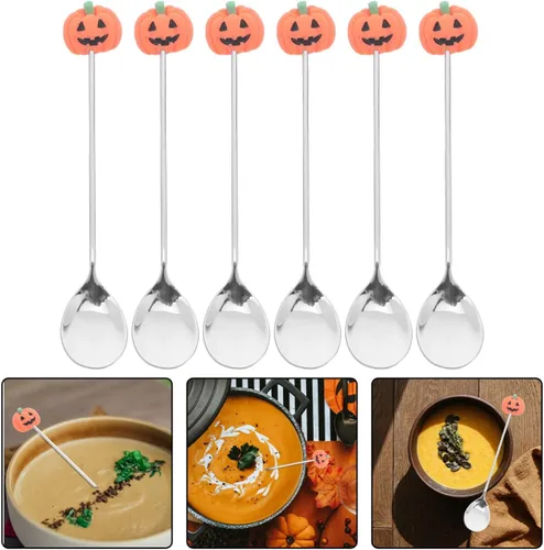 Miniatura 3 de UPKOCH Juego de 6 cucharas de calabaza de Halloween con forma de calabaza de acero inoxidable para café y postre de 4.9 pulgadas, utensilios