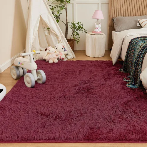 Miniatura 3 de Andency Alfombras suaves color burdeos para sala de estar, dormitorio, 5 x 8 pies, alfombra de noche lanuda esponjosa, antideslizante, alfombra