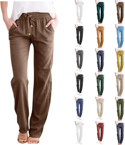HRSTUYL Pantalones de algodón para mujer, de algodón, con cordón elástico, cintura elástica, pantalones rectos largos y rectos para mujer,