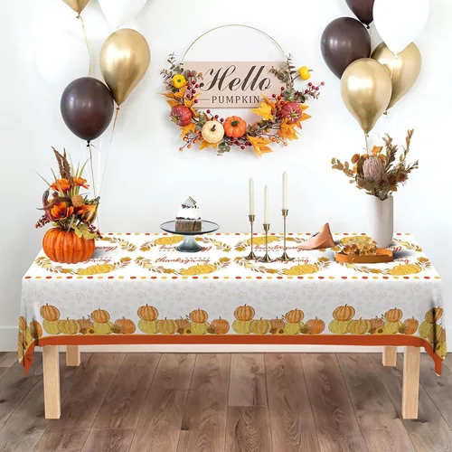 Miniatura 7 de ATFUNSHOP Mantel de Acción de Gracias, paquete de 2 manteles desechables de 54 x 108 pulgadas, suministros para fiestas, calabazas, hojas de otoño