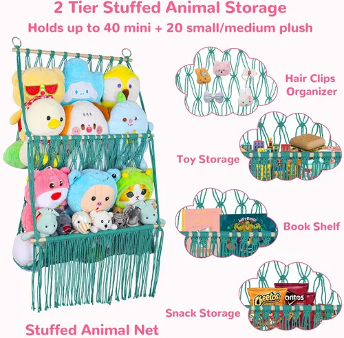 Miniatura 6 de Red de almacenamiento de animales de peluche de 2 niveles, 17 x 32 pulgadas, organizador grande de animales de peluche para pequeños rellenos