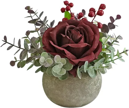 Miniatura 21 de Decoración de rosas artificiales en maceta, mini plantas de imitación para decoración de interiores, rosas falsas para el hogar, baño, cocina
