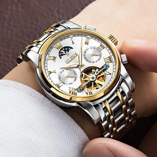 Miniatura 4 de OLEVS Relojes automáticos para hombre diseño de esqueleto Tourbillon cuerda automática reloj de pulsera de lujo fase lunar fecha impermeable