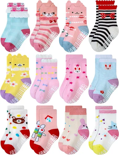 Miniatura 8 de RATIVE Calcetines de algodón antideslizantes antideslizantes con puños para bebés, niños y niñas