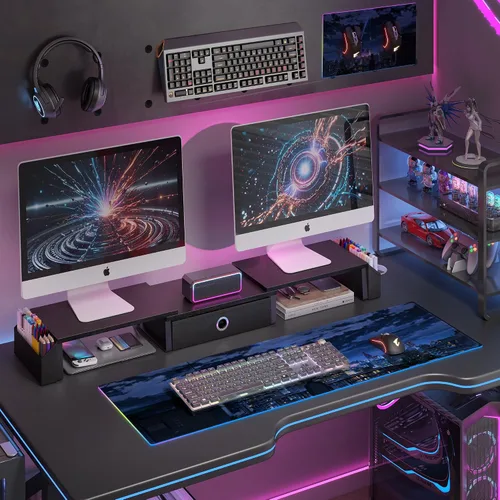 Miniatura 2 de Soporte elevador de monitor doble con cajón y pata de metal, estante de escritorio grande para 2 monitores con longitud y ángulo ajustables