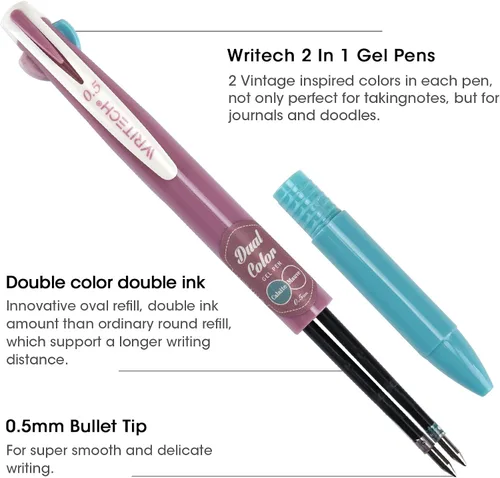 Miniatura 3 de WRITECH Bolígrafos de gel retráctiles: Multicolor de 0.5mm de punta fina 2 en 1 bolígrafo de clic colorido surtido de 4 unidades sin manchas y sin