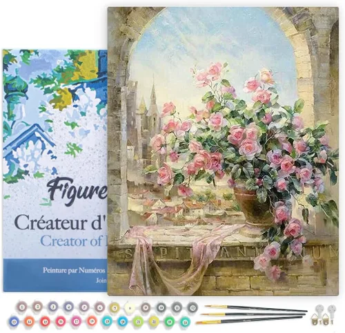 Miniatura 110 de Figured'Art - Juego de pintura por números, lienzo enrollado sin marco, para manualidades, para adultos, 16 x 20 pulgadas, jarrón de peonías