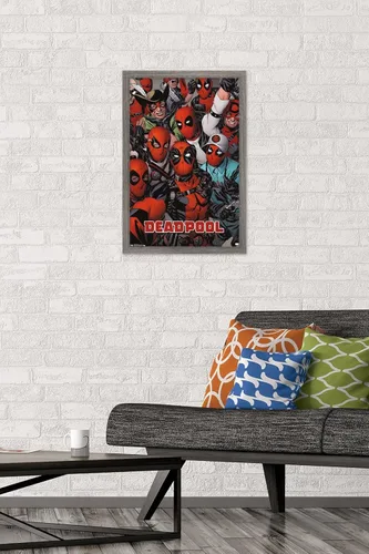 Miniatura 2 de Marvel Comics Deadpool - Póster de pared con caras, 22.4 pulgadas de largo x 14.7 pulgadas de ancho, versión enmarcada de madera de granero