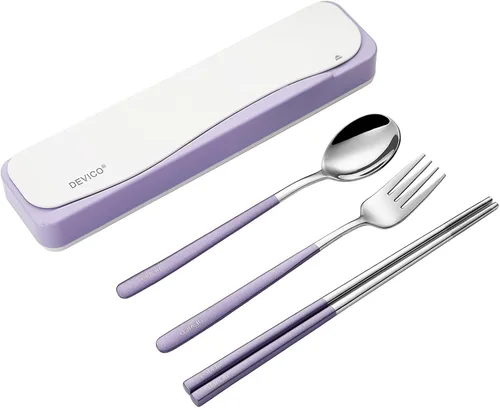 Miniatura 10 de DEVICO Utensilios de viaje, juego de cubiertos de acero inoxidable 18/8, 4 piezas, juego portátil y reutilizable para camping, incluye tenedor, Rojo