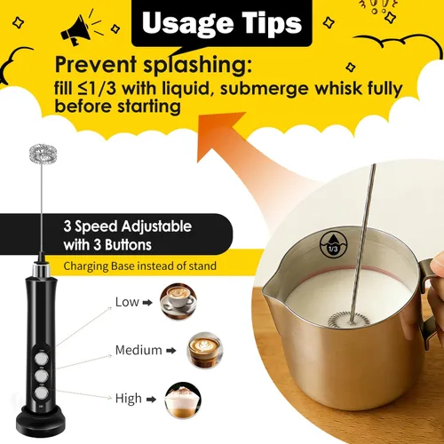 Miniatura 3 de Espumador de leche recargable de mano con 3 batidores desmontables de acero inoxidable, batidor eléctrico de 3 velocidades ajustables