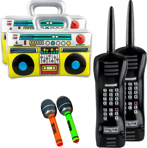 Paquete de 6 micrófonos inflables de radio Boombox para teléfonos móviles inflables para decoraciones de fiesta de los años 80 y 90, temática de hip