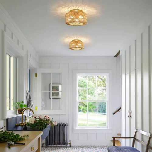 Miniatura 7 de Lámparas de techo de ratán, montaje en techo, 3 luces, lámpara de techo de montaje empotrado estilo boho, lámpara de sombra de jaula tejida a mano