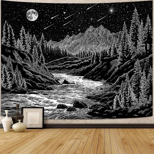 Miniatura 13 de Zussun Tapiz blanco y negro con noche estrellada, tapices de montaña para dormitorio, estética de luna y estrellas, tapiz para colgar en la pared