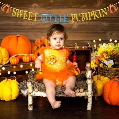Miniatura 4 de Cartel de calabaza con texto en inglés "Sweet Little Pumpk", con temática de otoño, para baby shower, cumpleaños, Acción de Gracias, suministros