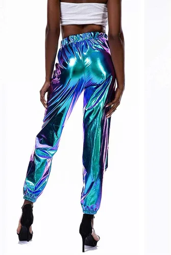 Miniatura 5 de Kaipiclos Pantalones deportivos reflectantes para mujer, metálicos, brillantes, estilo hip hop, harem, leggings holográficos (azul, 2XL), Azul