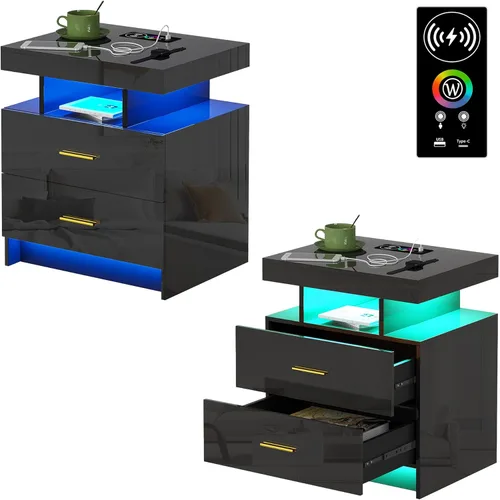 Miniatura 12 de HNEBC Mesita de noche LED, RGB blanco con estación de carga USB/inalámbrica, moderna mesita de noche con sensor automático de luces RGB, mesa blanco