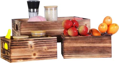 Miniatura 2 de PHOENANCEE Juego de 3 cajas de madera apilables decorativas de madera para exhibición de almacenamiento, cesta rústica para decoración del hogar