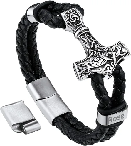 Bandmax Pulsera trenzada de cuero negro para hombre con colgante gótico punk, pulsera de cuero con hebilla de acero inoxidable, paquete de regalo