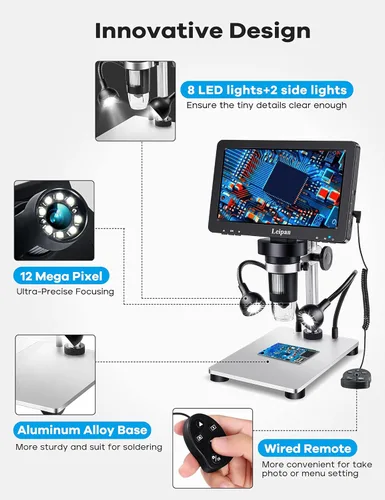 Miniatura 4 de Microscopio digital LCD de 7 pulgadas 1200X, microscopio Leipan de moneda de 12 MP para adultos, microscopio 1080P con 12 diapositivas, compatible
