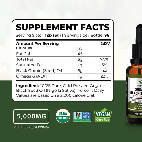 Miniatura 2 de Aceite orgánico de semilla negra – Botella de vidrio prensado en frío certificado por USDA, más de 1.5% timoquinona, 3 veces más de fuerza de comino