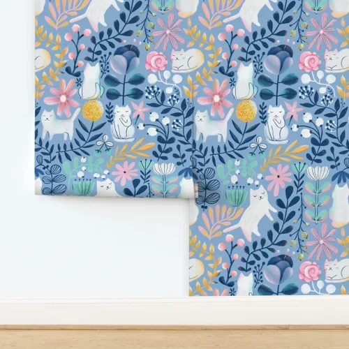 Miniatura 4 de Spoonflower Papel tapiz para despegar y pegar, papel tapiz extraíble personalizado de gatos de primavera con diseño de gatos florales