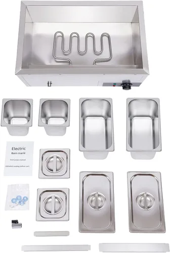 Miniatura 5 de Bain Marie Buffet - Mesa de vapor eléctrica de 4 bandejas de 850 W, calentador de alimentos con tapas, acero inoxidable, comercial, capacidad