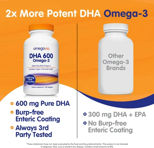 Miniatura 4 de OmegaVia DHA 600 mg - Suplementos ultra puros Omega-3 DHA para cerebro y ojos, embarazo y vitaminas prenatales DHA para mujeres, suplemento Omega 3