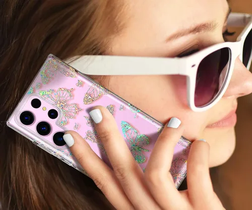 Miniatura 3 de Funda transparente con purpurina para Galaxy S23 Ultra – 6.8 pulgadas, diseño de flores, diseño de mariposa de cristal, para mujeres y niñas