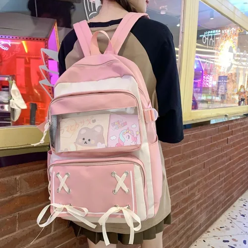Miniatura 6 de Mochila Kawaii con bonitos accesorios para portátil de 15.6 pulgadas, mochila de viaje casual, bolsa estética para regalo de nuevo semestre, 01-rosa