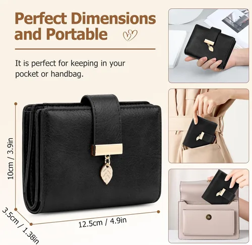 Miniatura 5 de HUANLANG Carteras pequeñas para mujer, con bloqueo Rfid, de cuero, plegable, tarjetero para tarjetas de crédito, cartera para mujer, bolsillo