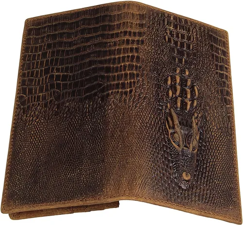 Miniatura 3 de Cartera larga para hombre, doble pliegue, piel de vaca de grano superior, estampado de cocodrilo, múltiples ranuras para tarjetas., Marrón, Vogue