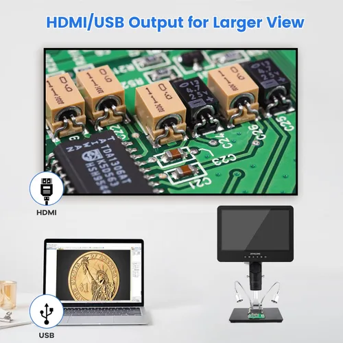 Miniatura 3 de JL249MS Microscopio digital HDMI de 3 lentes de 10.1 pulgadas 2000X, cámara de microscopio de soldadura con soporte de brazo de pluma, video UHD