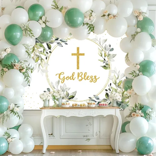 Miniatura 2 de Mocsicka Telón de Fondo de Bautizo con Vegetación Verde y Dorado Dios Te Bendiga Fondo Primera Santa Comunión Bautizo Fiesta Decoración de Mesa