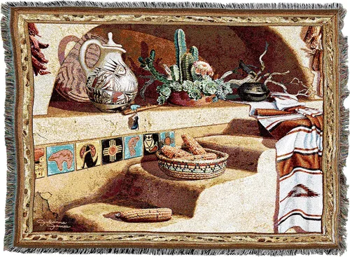 Miniatura 4 de Adobe Dreams Manta – Arte de cerámica del suroeste Pueblo – Manta de tapiz de regalo tejida de algodón – Fabricado en los Estados Unidos