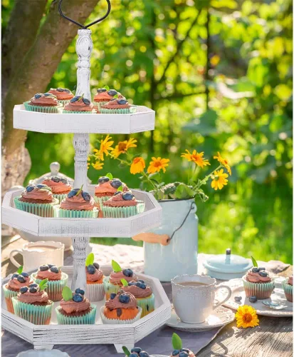 Miniatura 6 de MRPAPA Soporte de bandeja de 3 niveles, decoración de cocina de granja grande con fácil montaje, bandejas decorativas rústicas de 3 niveles, soporte