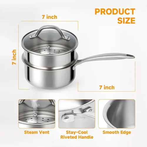 Miniatura 5 de Ohtomber Cacerola de Acero Inoxidable - Vaporera Tri-Ply de 1.5 Cuartos para Cocinar, Olla Pequeña de Cocción con Canasta Vaporera, Cacerola