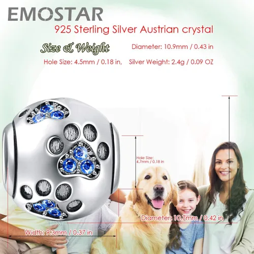 Miniatura 2 de Abalorio con estampado de huella de perro con varios cristales de piedra natal, cuentas de plata de ley 925 para cadena de serpiente de 0.118in
