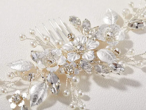 Miniatura 6 de SWEETV Peine de pelo de novia plateado para accesorios de cabello de boda, hecho a mano con cristales, perlas y hojas, 4.72 x 2.75 pulgadas