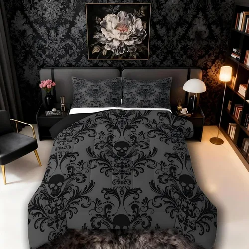 Erosebridal - Juego de ropa de cama damascada negra para adultos, conjunto de edredón victoriano antiguo estilo barroco, tamaño queen, edredón Multi
